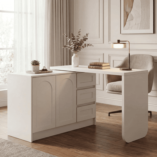 Secretária de canto em L 110-170 × 40 × 75 cm u2013 giratória a 360°, 3 gavetas e armário u2013 Branco Secretária de canto em L 110-170 × 40 × 75 cm u2013 giratória a 360°, 3 gavetas e armário u2013 Branco
