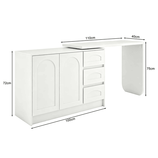 Secretária de canto em L 110-170 × 40 × 75 cm u2013 giratória a 360°, 3 gavetas e armário u2013 Branco Secretária de canto em L 110-170 × 40 × 75 cm u2013 giratória a 360°, 3 gavetas e armário u2013 Branco