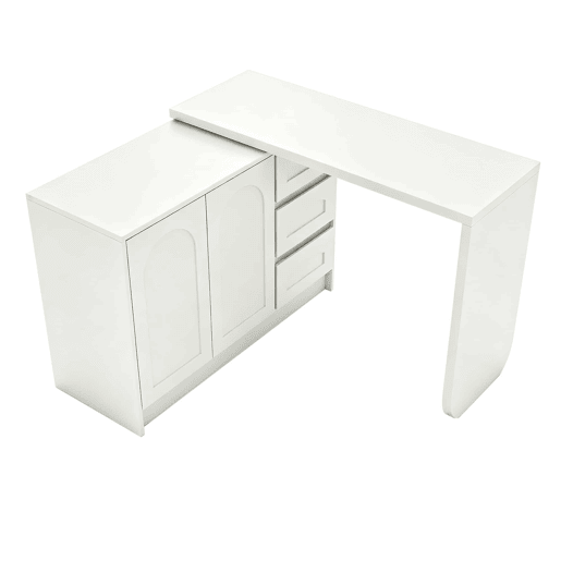 Secretária de canto em L 110-170 × 40 × 75 cm u2013 giratória a 360°, 3 gavetas e armário u2013 Branco Secretária de canto em L 110-170 × 40 × 75 cm u2013 giratória a 360°, 3 gavetas e armário u2013 Branco