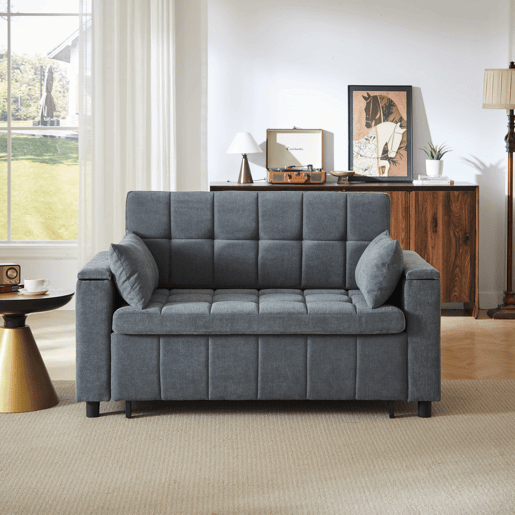 Sofá-cama 3 em 1 de 2 lugares - Chenilla, cama extraível, arrumação nos braços e bolsos laterais - Cinzento Sofá-cama 3 em 1 de 2 lugares - Chenilla, cama extraível, arrumação nos braços e bolsos laterais - Cinzento