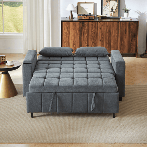 Sofá-cama 3 em 1 de 2 lugares - Chenilla, cama extraível, arrumação nos braços e bolsos laterais - Cinzento Sofá-cama 3 em 1 de 2 lugares - Chenilla, cama extraível, arrumação nos braços e bolsos laterais - Cinzento