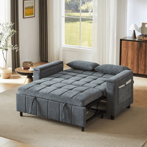Sofá-cama 3 em 1 de 2 lugares - Chenilla, cama extraível, arrumação nos braços e bolsos laterais - Cinzento Sofá-cama 3 em 1 de 2 lugares - Chenilla, cama extraível, arrumação nos braços e bolsos laterais - Cinzento