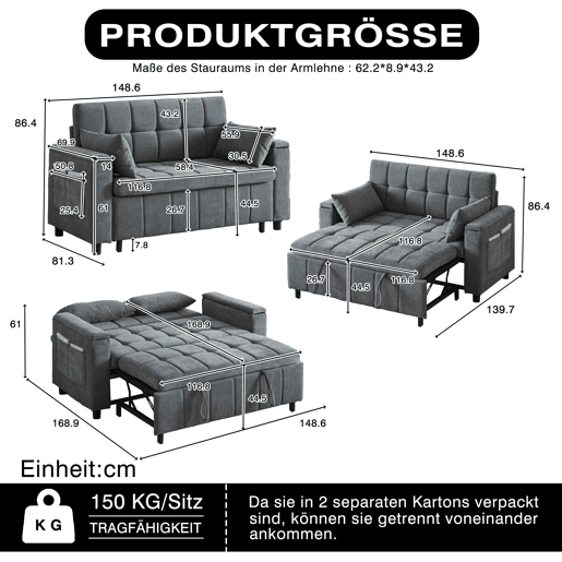 Sofá-cama 3 em 1 de 2 lugares - Chenilla, cama extraível, arrumação nos braços e bolsos laterais - Cinzento Sofá-cama 3 em 1 de 2 lugares - Chenilla, cama extraível, arrumação nos braços e bolsos laterais - Cinzento