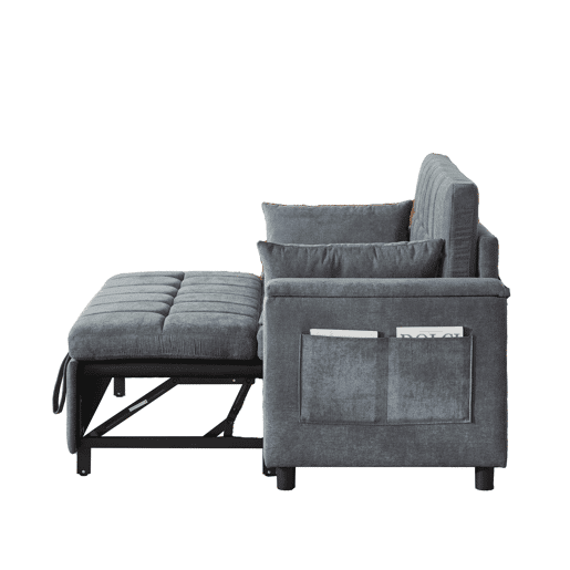 Sofá-cama 3 em 1 de 2 lugares - Chenilla, cama extraível, arrumação nos braços e bolsos laterais - Cinzento Sofá-cama 3 em 1 de 2 lugares - Chenilla, cama extraível, arrumação nos braços e bolsos laterais - Cinzento