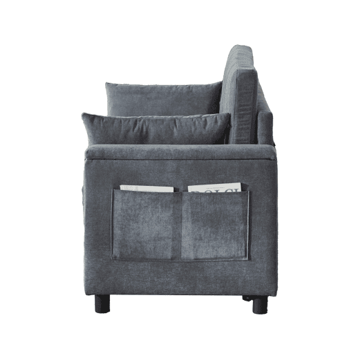 Sofá-cama 3 em 1 de 2 lugares - Chenilla, cama extraível, arrumação nos braços e bolsos laterais - Cinzento Sofá-cama 3 em 1 de 2 lugares - Chenilla, cama extraível, arrumação nos braços e bolsos laterais - Cinzento