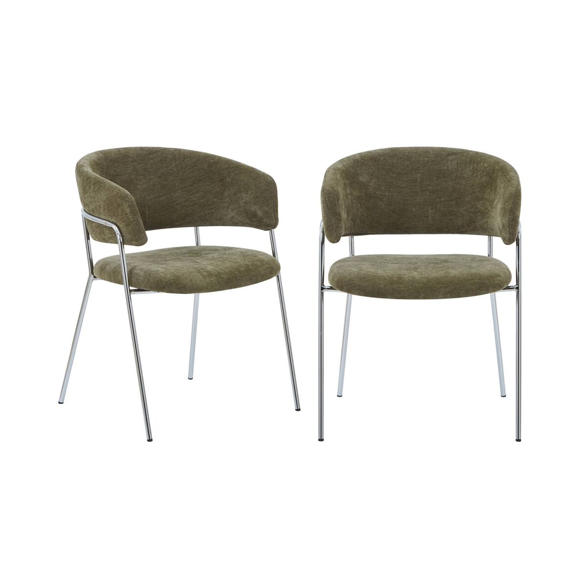 Sillón vintage de tela con estructura cromada, set de 2, domo, verde kaki, 57x58x77.5 cm
