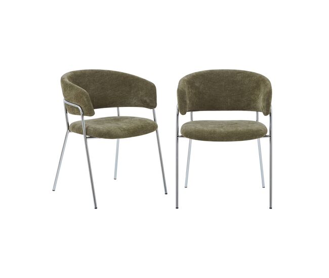 Sillón vintage de tela con estructura cromada, set de 2, domo, verde kaki, 57x58x77.5 cm
