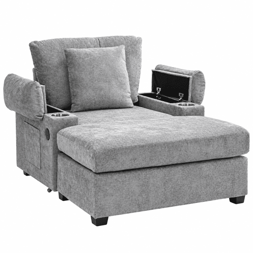 Sofá relax em chenille - com porta-copos e entrada USB - Cinzento Sofá relax em chenille - com porta-copos e entrada USB - Cinzento