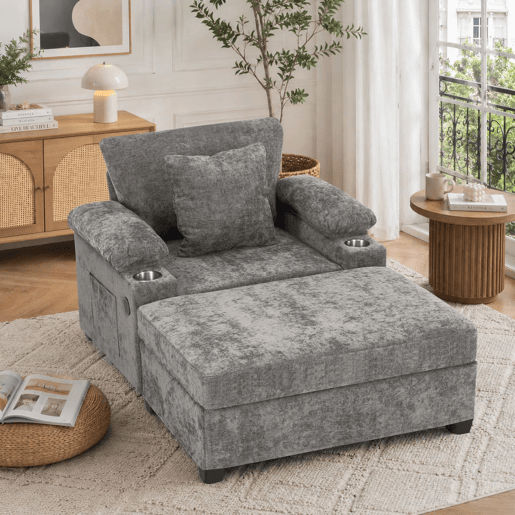 Sofá relax em chenille - com porta-copos e entrada USB - Cinzento Sofá relax em chenille - com porta-copos e entrada USB - Cinzento