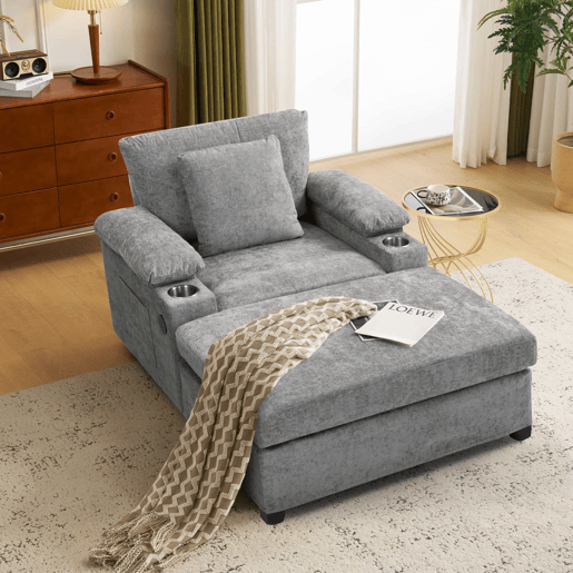 Sofá relax em chenille - com porta-copos e entrada USB - Cinzento Sofá relax em chenille - com porta-copos e entrada USB - Cinzento
