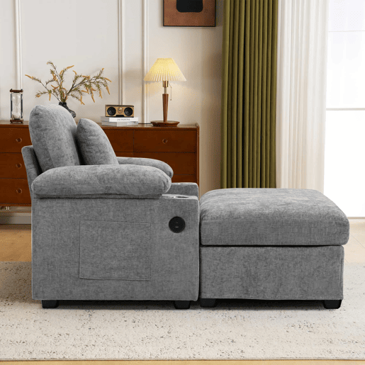 Sofá relax em chenille - com porta-copos e entrada USB - Cinzento Sofá relax em chenille - com porta-copos e entrada USB - Cinzento