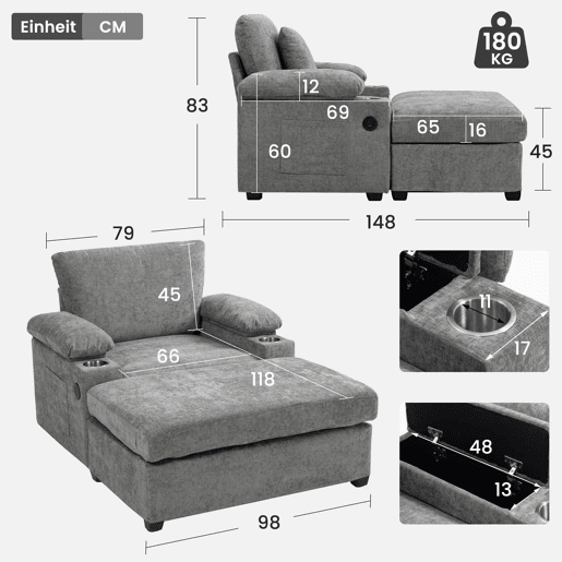 Sofá relax em chenille - com porta-copos e entrada USB - Cinzento Sofá relax em chenille - com porta-copos e entrada USB - Cinzento