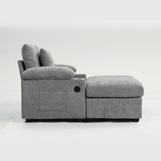 Sofá relax em chenille - com porta-copos e entrada USB - Cinzento Sofá relax em chenille - com porta-copos e entrada USB - Cinzento