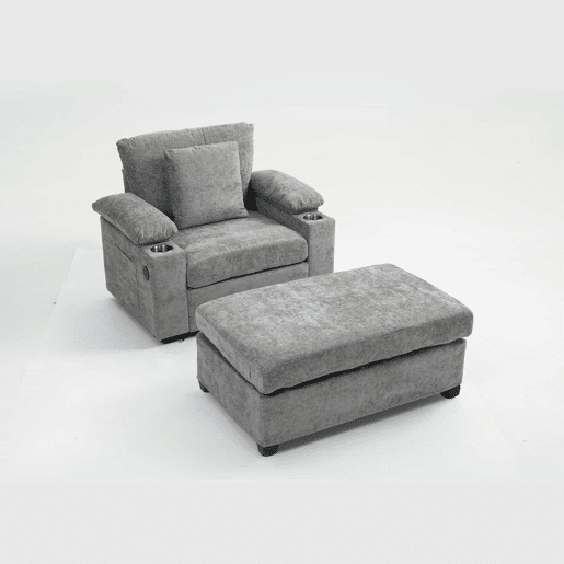 Sofá relax em chenille - com porta-copos e entrada USB - Cinzento Sofá relax em chenille - com porta-copos e entrada USB - Cinzento