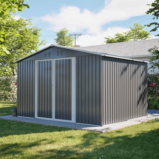 Casinha de jardim metálica 300×252×191 cm - Telhado de duas águas, grande capacidade e arrumação segura - Cinzento Casinha de jardim metálica 300×252×191 cm - Telhado de duas águas, grande capacidade e arrumação segura - Cinzento