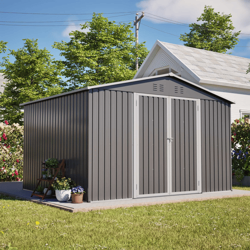 Casinha de jardim metálica 300×252×191 cm - Telhado de duas águas, grande capacidade e arrumação segura - Cinzento Casinha de jardim metálica 300×252×191 cm - Telhado de duas águas, grande capacidade e arrumação segura - Cinzento