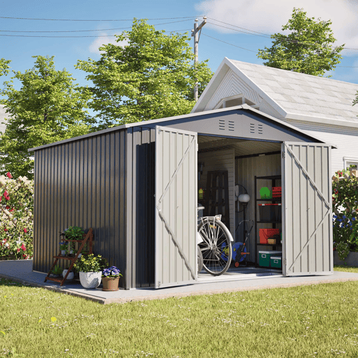Casinha de jardim metálica 300×252×191 cm - Telhado de duas águas, grande capacidade e arrumação segura - Cinzento Casinha de jardim metálica 300×252×191 cm - Telhado de duas águas, grande capacidade e arrumação segura - Cinzento