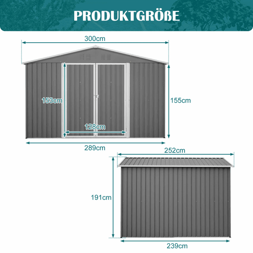 Casinha de jardim metálica 300×252×191 cm - Telhado de duas águas, grande capacidade e arrumação segura - Cinzento Casinha de jardim metálica 300×252×191 cm - Telhado de duas águas, grande capacidade e arrumação segura - Cinzento