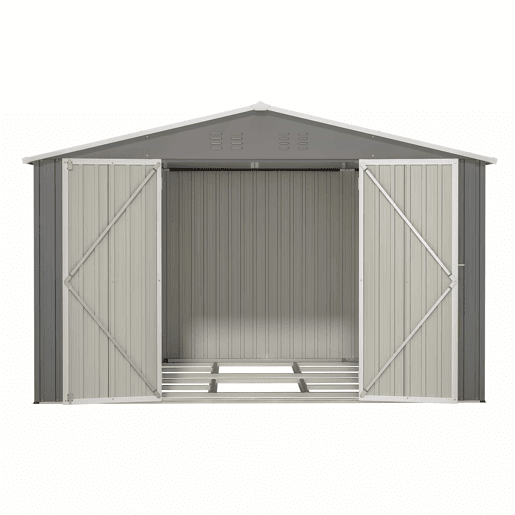 Casinha de jardim metálica 300×252×191 cm - Telhado de duas águas, grande capacidade e arrumação segura - Cinzento Casinha de jardim metálica 300×252×191 cm - Telhado de duas águas, grande capacidade e arrumação segura - Cinzento