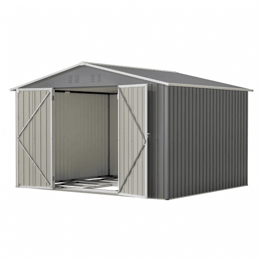 Casinha de jardim metálica 300×252×191 cm - Telhado de duas águas, grande capacidade e arrumação segura - Cinzento Casinha de jardim metálica 300×252×191 cm - Telhado de duas águas, grande capacidade e arrumação segura - Cinzento