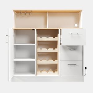 Aparador de bar com LED - u2014 - com tomadas, porta-copos, suporte para garrafas de vinho, arrumação em várias camadas, ideal para restaurantes e cozinhas - Branco+Natural