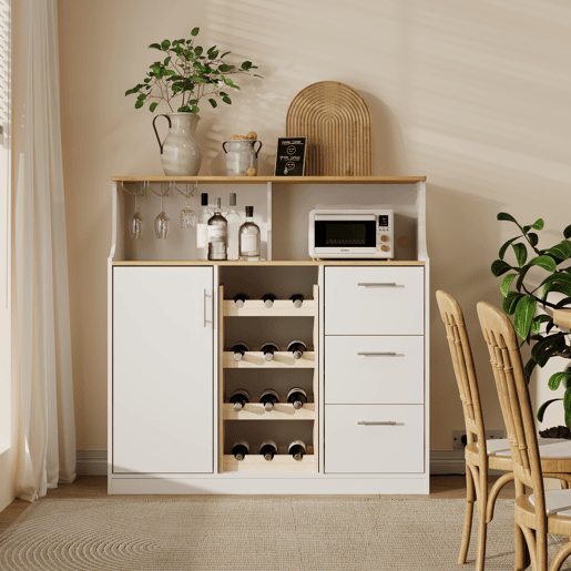 Aparador de bar com LED - u2014 - com tomadas, porta-copos, suporte para garrafas de vinho, arrumação em várias camadas, ideal para restaurantes e cozinhas - Branco+Natural Aparador de bar com LED - u2014 - com tomadas, porta-copos, suporte para garrafas de vinho, arrumação em várias camadas, ideal para restaurantes e cozinhas - Branco+Natural