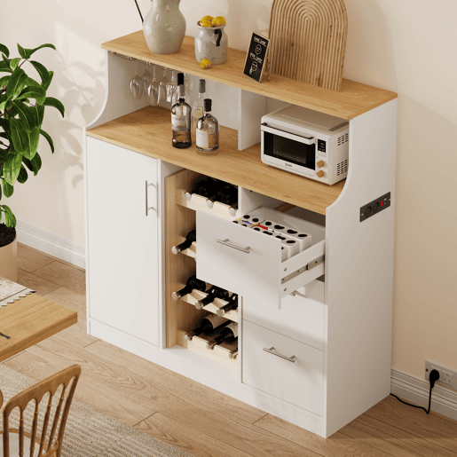 Aparador de bar com LED - u2014 - com tomadas, porta-copos, suporte para garrafas de vinho, arrumação em várias camadas, ideal para restaurantes e cozinhas - Branco+Natural Aparador de bar com LED - u2014 - com tomadas, porta-copos, suporte para garrafas de vinho, arrumação em várias camadas, ideal para restaurantes e cozinhas - Branco+Natural