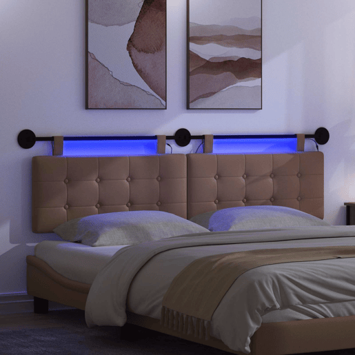 Cabeceira de cama suspensa Com luz LED Cappuccino Couro Sintético Cabeceira de cama suspensa Com luz LED Cappuccino Couro Sintético