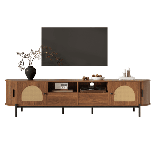 Móvel de TV oval sem dimensões específicas - rattan, portas de correr, gavetas, acabamento com efeito de madeira, pés metálicos, arrumação multifuncional - Nogueira Móvel de TV oval sem dimensões específicas - rattan, portas de correr, gavetas, acabamento com efeito de madeira, pés metálicos, arrumação multifuncional - Nogueira