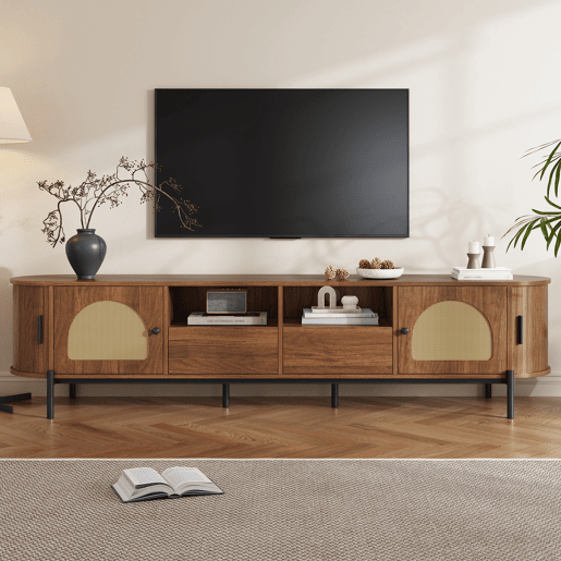 Móvel de TV oval sem dimensões específicas - rattan, portas de correr, gavetas, acabamento com efeito de madeira, pés metálicos, arrumação multifuncional - Nogueira Móvel de TV oval sem dimensões específicas - rattan, portas de correr, gavetas, acabamento com efeito de madeira, pés metálicos, arrumação multifuncional - Nogueira