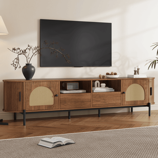 Móvel de TV oval sem dimensões específicas - rattan, portas de correr, gavetas, acabamento com efeito de madeira, pés metálicos, arrumação multifuncional - Nogueira Móvel de TV oval sem dimensões específicas - rattan, portas de correr, gavetas, acabamento com efeito de madeira, pés metálicos, arrumação multifuncional - Nogueira