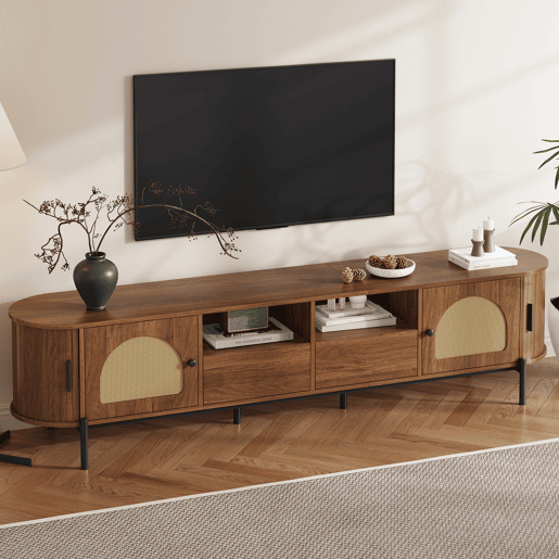 Móvel de TV oval sem dimensões específicas - rattan, portas de correr, gavetas, acabamento com efeito de madeira, pés metálicos, arrumação multifuncional - Nogueira Móvel de TV oval sem dimensões específicas - rattan, portas de correr, gavetas, acabamento com efeito de madeira, pés metálicos, arrumação multifuncional - Nogueira