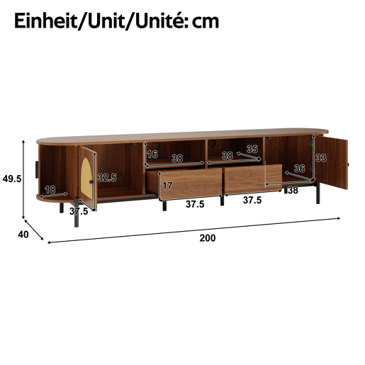 Móvel de TV oval sem dimensões específicas - rattan, portas de correr, gavetas, acabamento com efeito de madeira, pés metálicos, arrumação multifuncional - Nogueira Móvel de TV oval sem dimensões específicas - rattan, portas de correr, gavetas, acabamento com efeito de madeira, pés metálicos, arrumação multifuncional - Nogueira