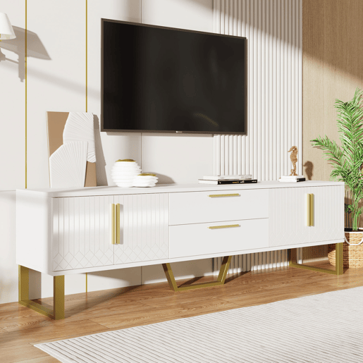 Móvel de TV alto brilho - portas texturizadas, detalhes dourados, arrumação - Branco