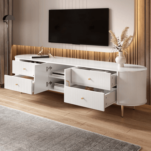 Móvel de TV Lowboard 180 cm - ondas 3D, MDF, pés em ferro, passagem de cabos - Branco