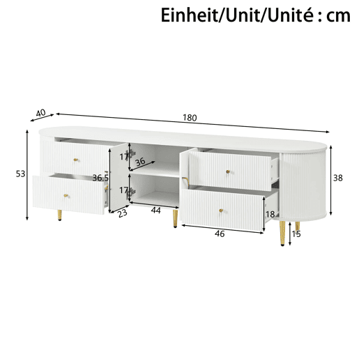 Móvel de TV Lowboard 180 cm - ondas 3D, MDF, pés em ferro, passagem de cabos - Branco