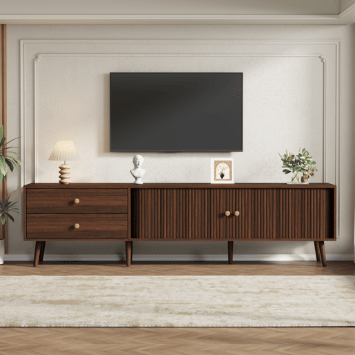 Móvel de TV baixo 180 x 40 x 46,5 cm - 2 gavetas, 2 portas de correr, 7 pés, para televisores até 80 polegadas - nogueira Móvel de TV baixo 180 x 40 x 46,5 cm - 2 gavetas, 2 portas de correr, 7 pés, para televisores até 80 polegadas - nogueira