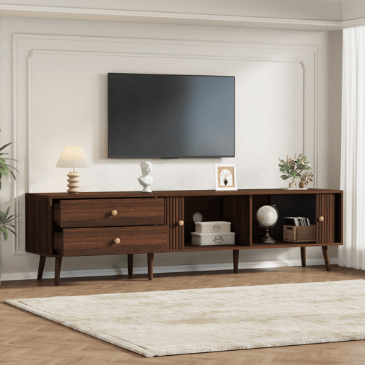 Móvel de TV baixo 180 x 40 x 46,5 cm - 2 gavetas, 2 portas de correr, 7 pés, para televisores até 80 polegadas - nogueira Móvel de TV baixo 180 x 40 x 46,5 cm - 2 gavetas, 2 portas de correr, 7 pés, para televisores até 80 polegadas - nogueira