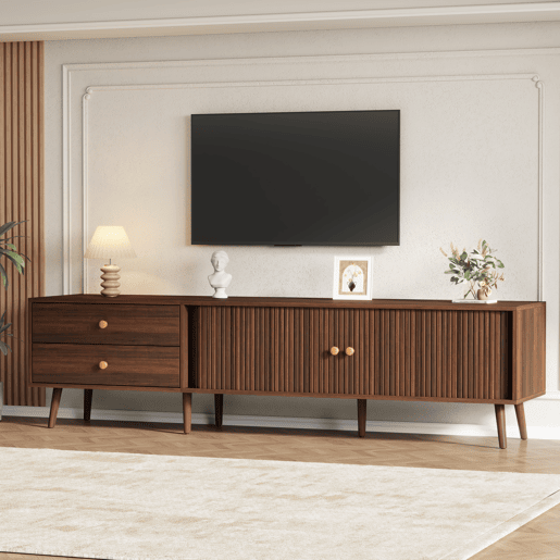 Móvel de TV baixo 180 x 40 x 46,5 cm - 2 gavetas, 2 portas de correr, 7 pés, para televisores até 80 polegadas - nogueira Móvel de TV baixo 180 x 40 x 46,5 cm - 2 gavetas, 2 portas de correr, 7 pés, para televisores até 80 polegadas - nogueira