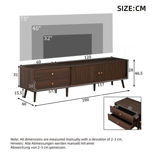 Móvel de TV baixo 180 x 40 x 46,5 cm - 2 gavetas, 2 portas de correr, 7 pés, para televisores até 80 polegadas - nogueira Móvel de TV baixo 180 x 40 x 46,5 cm - 2 gavetas, 2 portas de correr, 7 pés, para televisores até 80 polegadas - nogueira
