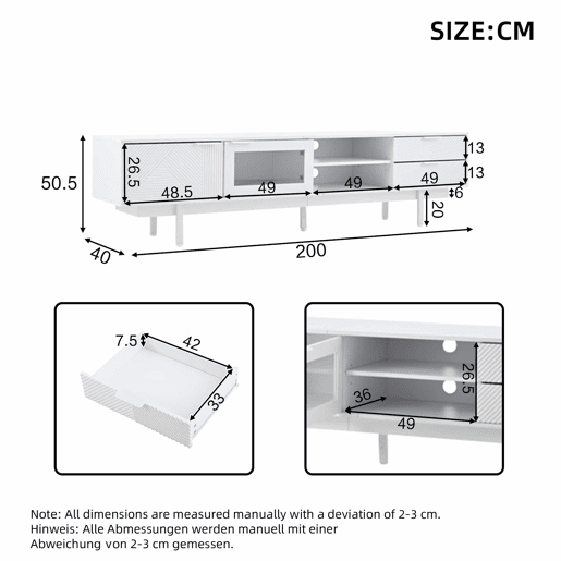 Móvel de TV 200x40x50,5 cm - Lowboard com 2 portas e 2 gavetas, suporte para TV com grande capacidade de armazenamento - Branco Móvel de TV 200x40x50,5 cm - Lowboard com 2 portas e 2 gavetas, suporte para TV com grande capacidade de armazenamento - Branco
