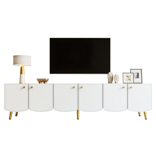 mueble tv 180 cm - 6 puertas patas y tiradores dorados diseno moderno para salon y dormitorio - blanco y dorado
