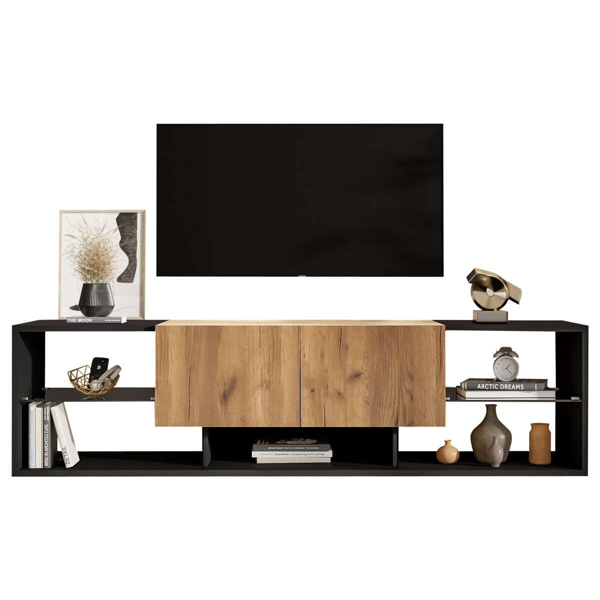 mueble tv 3 niveles para 70 - moderno con estantes de vidrio y 2 cajones - negronatural