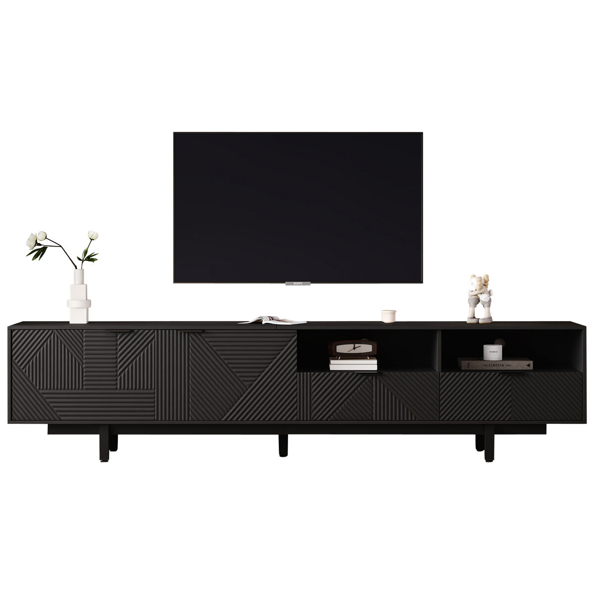 mueble tv 200 cm - con 3 compartimentos y 2 cajones - tv de 90 pulgadas de capacidad maxima - negro