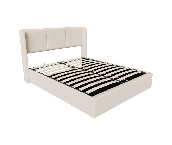 Cama con almacenamiento de 140×190 cm en lino beige, cabecero con alas, sistema hidráulico y somier de láminas