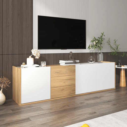 Móvel de TV - Branco e madeira - Painel inferior, opção de pendurar ou colocar no chão Móvel de TV - Branco e madeira - Painel inferior, opção de pendurar ou colocar no chão