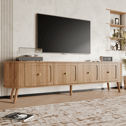 Móvel de TV 180x38x47 cm - 4 portas, puxadores dourados, pés de madeira, design exclusivo - Carvalho Móvel de TV 180x38x47 cm - 4 portas, puxadores dourados, pés de madeira, design exclusivo - Carvalho