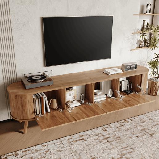 Móvel de TV 180x38x47 cm - 4 portas, puxadores dourados, pés de madeira, design exclusivo - Carvalho Móvel de TV 180x38x47 cm - 4 portas, puxadores dourados, pés de madeira, design exclusivo - Carvalho