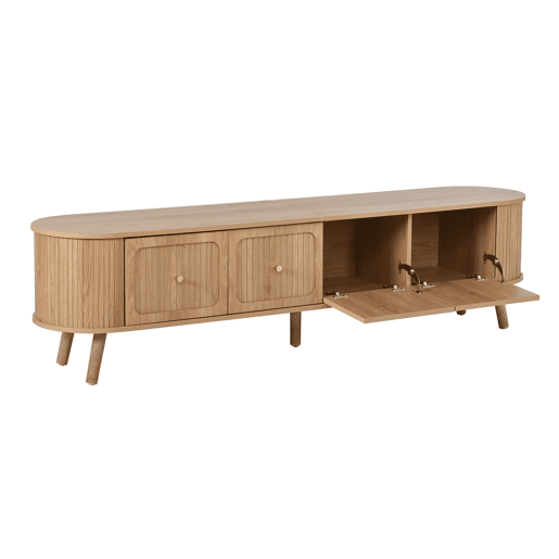 Móvel de TV 180x38x47 cm - 4 portas, puxadores dourados, pés de madeira, design exclusivo - Carvalho Móvel de TV 180x38x47 cm - 4 portas, puxadores dourados, pés de madeira, design exclusivo - Carvalho