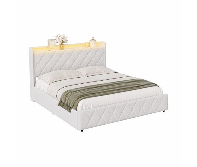 Cama con elevador neumático, cabecero tapizado LED RGB y USB 145x213